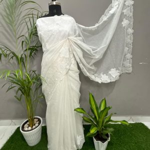 Full front view -Moonga check pure white floral embroidery